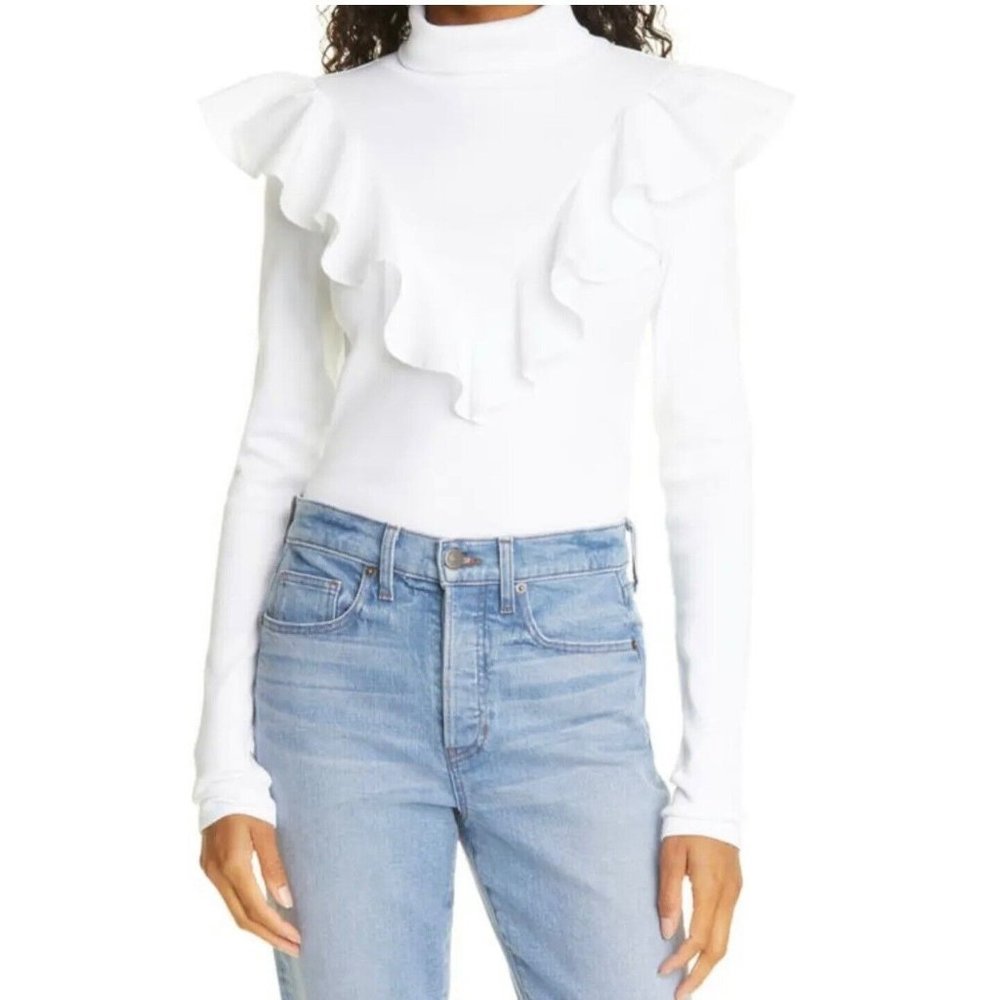 Veronica Beard White Ruffle Mock Neck Long Sleeve Top